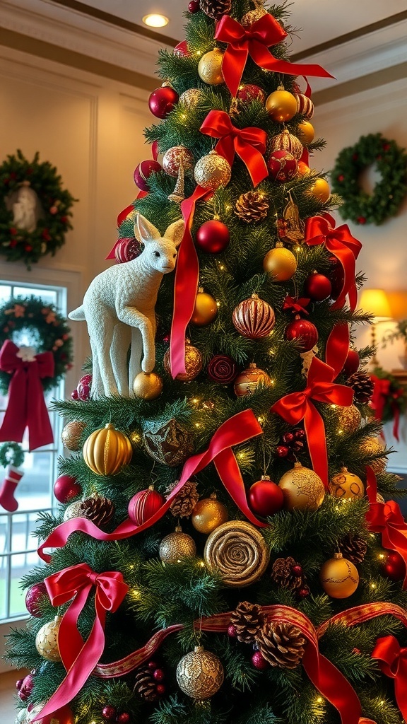 Victorian Christmas Tree Decorating Ideas A Victorian Christmas tree decorated with red and gold ornaments, ribbons, and natural elements, set in a cozy holiday-themed room.